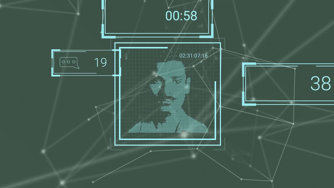 Animation of data processing with people portraits over network of connections on black background