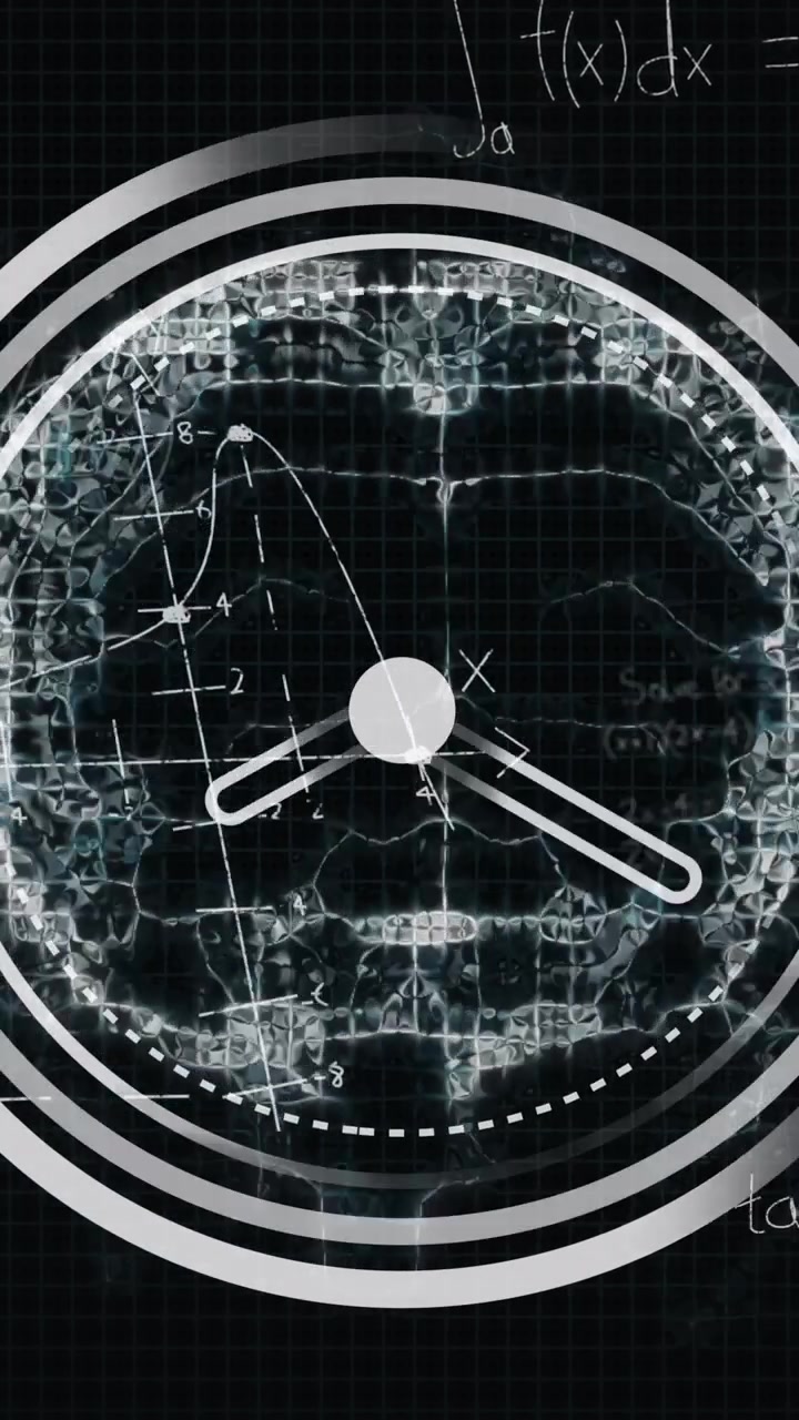 Animation of clock moving over waves on black background