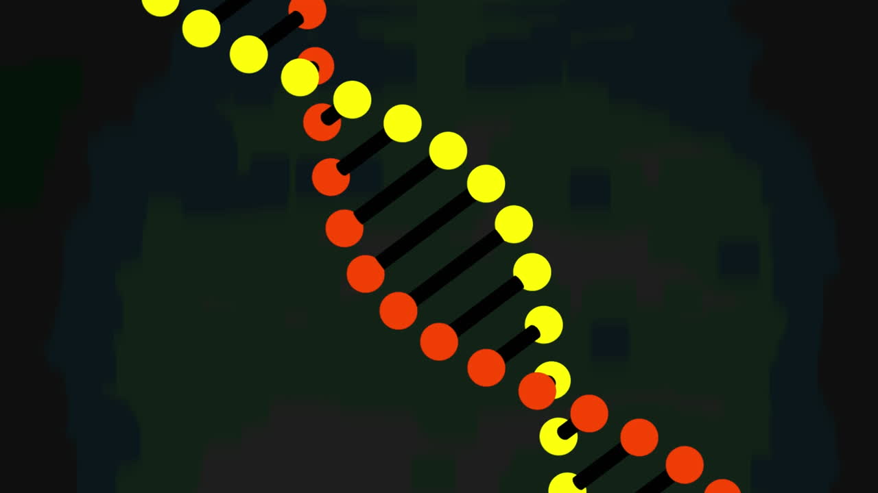 어두운 녹색 배경에 회전하는 3d 모델 dna 가닥의 애니메이션
