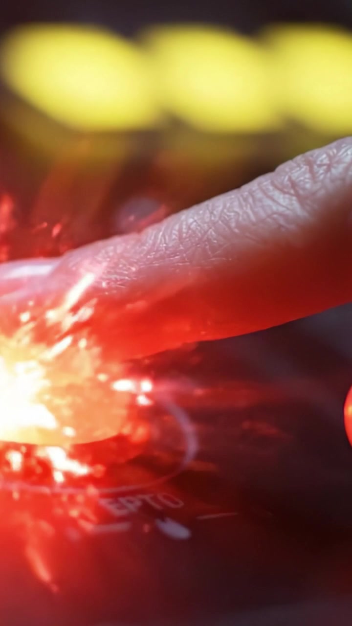 A Close-Up View of a Control Interface with a Finger Pressing a Red Button, Surrounded by Soft Glowing Yellow Lights, Representing Focused Interaction with Technology