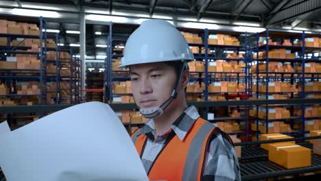 vista lateral de cerca de un ingeniero masculino asiático con casco de seguridad mirando el plano en sus manos y mirando a su alrededor mientras está de pie en el almacén con estantes llenos de productos de entrega
