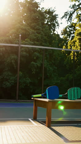 paddleball paddles on a table in a court on a sunny day