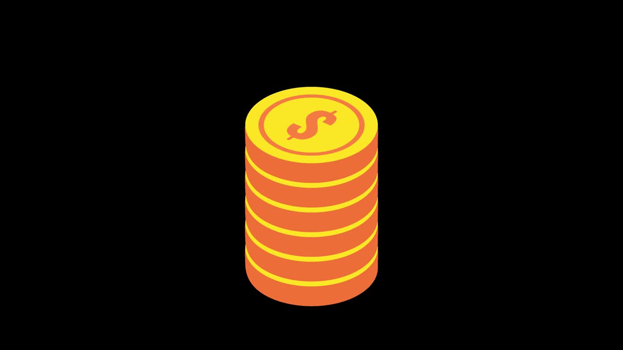 Stacks of gold coins. Isometric loop animation in alpha channel. 4K resolution.