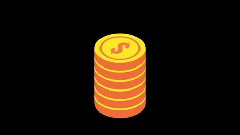 stacks of gold coins. isometric loop animation in alpha channel. 4k resolution.