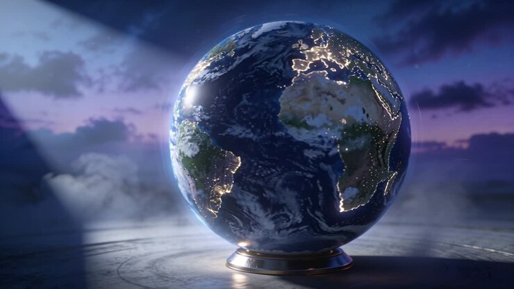 Globo che inizia a girare, ruotando su un supporto che rivela continenti, coste illuminate da riflettori e nebbia per il design.