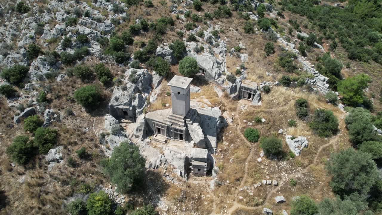 Drone shot of the Ancient City of Xanthos Necropolis in T&uuml;rkiye