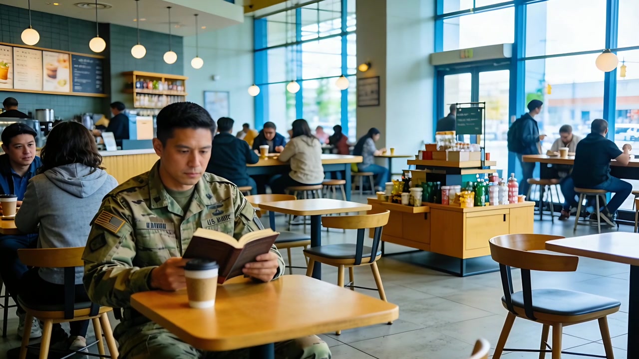 Soldato in uniforme mimetica dell'esercito che legge un libro tascabile in una caffetteria, facendo una pausa con una tazza.