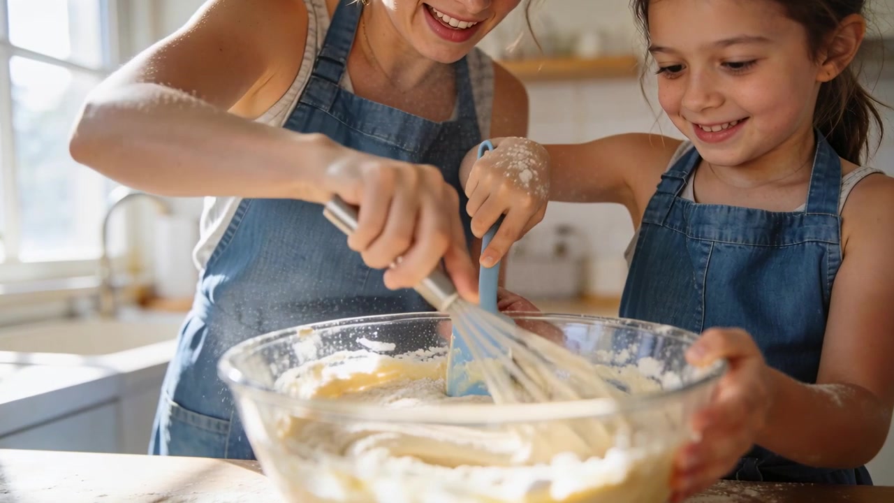 Guiding mother guiding daughter mixing batter at kitchen counter, wearing denim aprons, with whisk