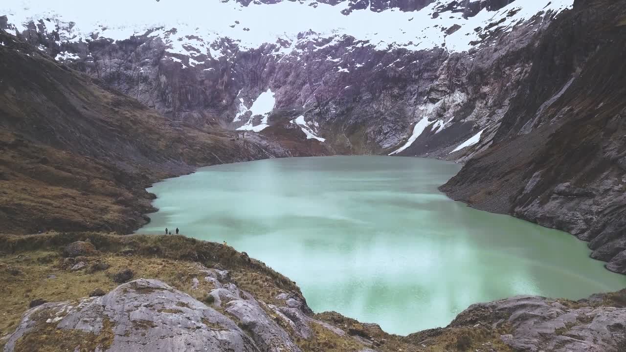 Aerial of Los altares mountains volcano lake in Ecuador andes mountains near Riobamba Chimborazo region department