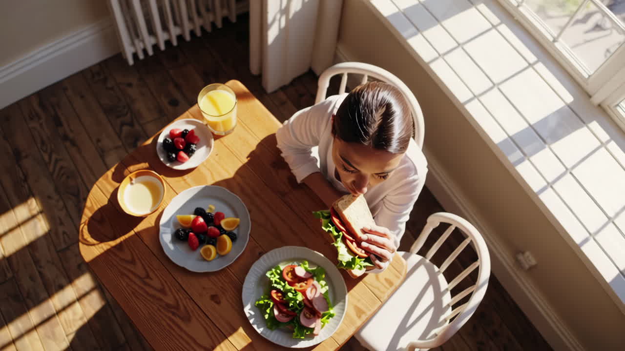 Woman eating a healthy breakfast at a wooden table
