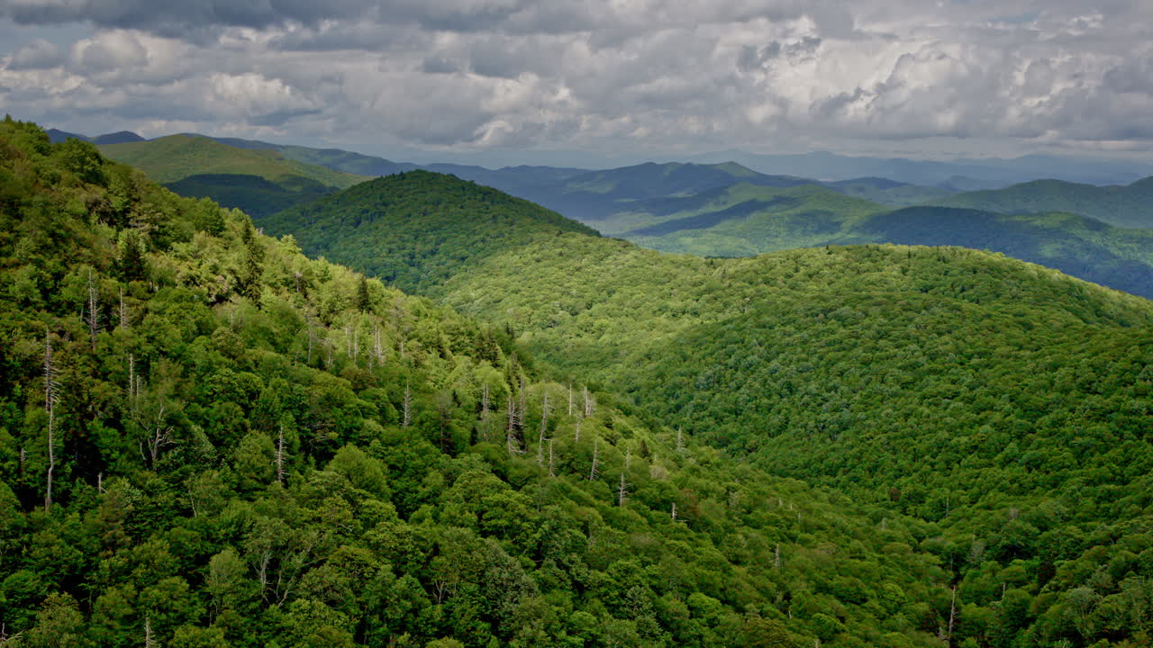 Aerial perspective of rolling ridges disappearing into fog and rain in the Smokies