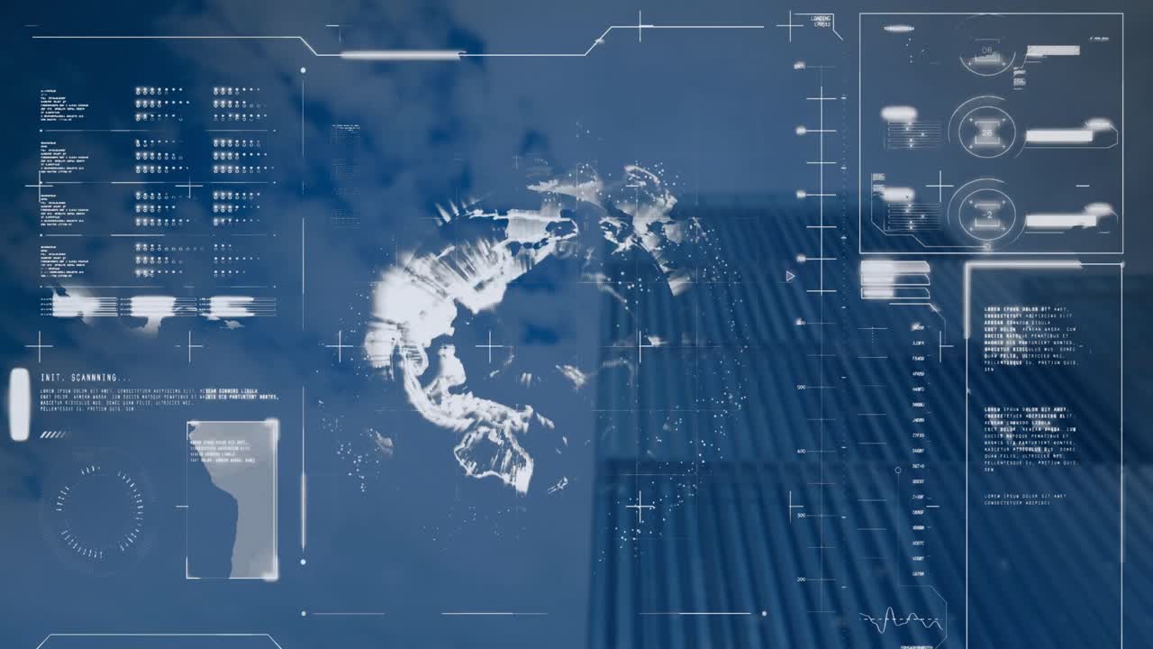 데이터 처리 및 고층 건물의 낮은 각도 뷰에서 회전하는 지구와 인터페이스의 애니메이션