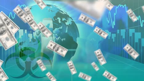 billetes de dólares estadounidenses sobre el globo giratorio contra el procesamiento de datos estadísticos en fondo verde
