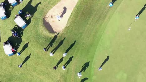 golfer on green golf course top view from flying drone