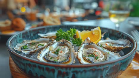 fresh oysters on ice with lemon and parsley
