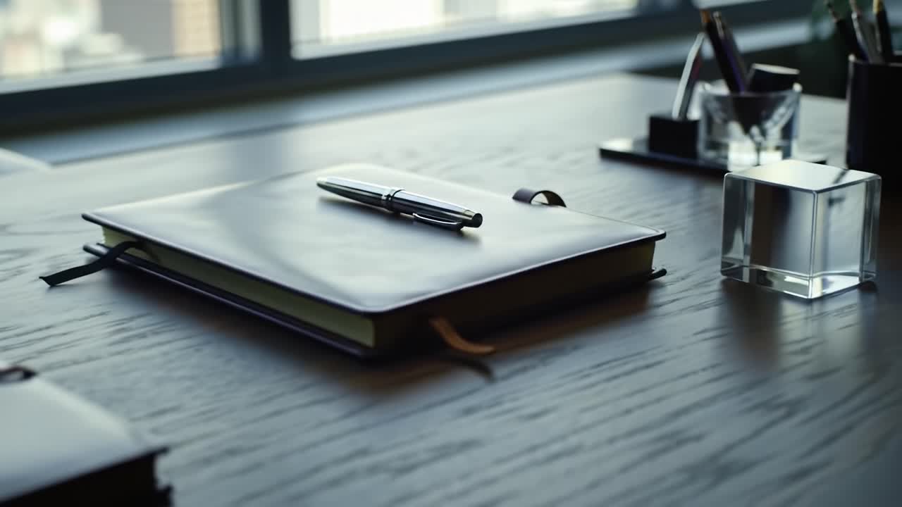 A Stylish Modern Workspace Featuring Elegant Notebooks, a Pen, and Sleek Office Accessories Set Against a Bright Window View, Perfect for Creative Inspiration
