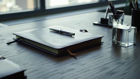 a stylish modern workspace featuring elegant notebooks, a pen, and sleek office accessories set against a bright window view, perfect for creative inspiration