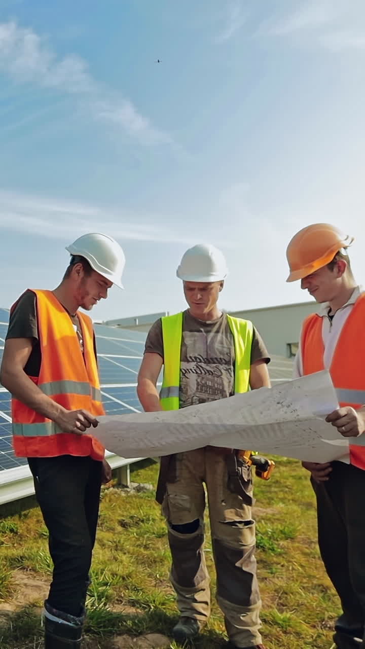 Group of engineers against solar panels. Engineers standing near solar energy panels and discussing