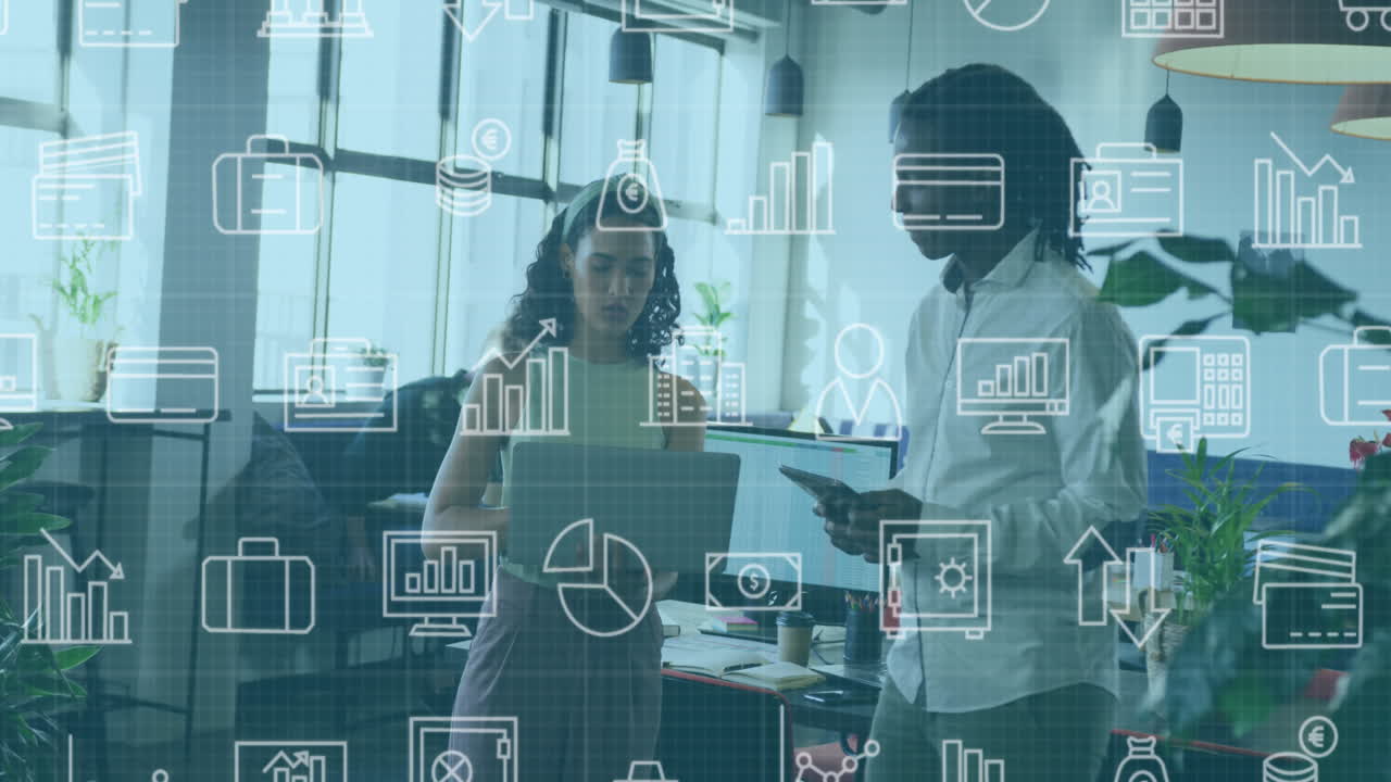 Animation of multiple icons over diverse coworkers standing and discussing reports in office