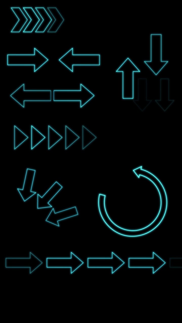 Multiple neon blue arrows animate in various directions, forming dynamic patterns on a black background