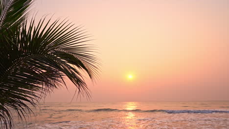 A-slow-motion-pan-creating-a-layered-composition-of-a-palm-tree-branch-foreground,-ocean-waves-midground,-colorful-sunset-in-the-background,-and-room-for-title-space