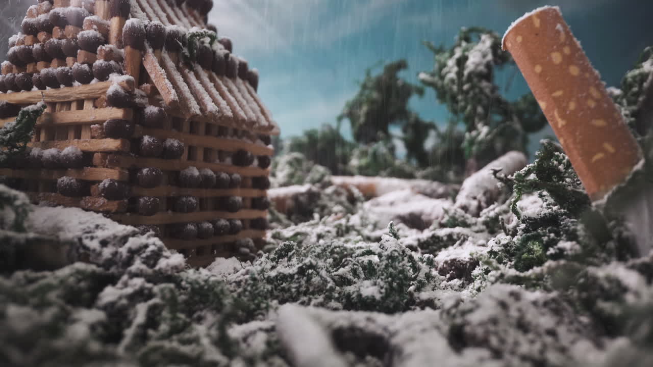escenario con modelo de casa de cerillas cerca de talones durante las nevadas.