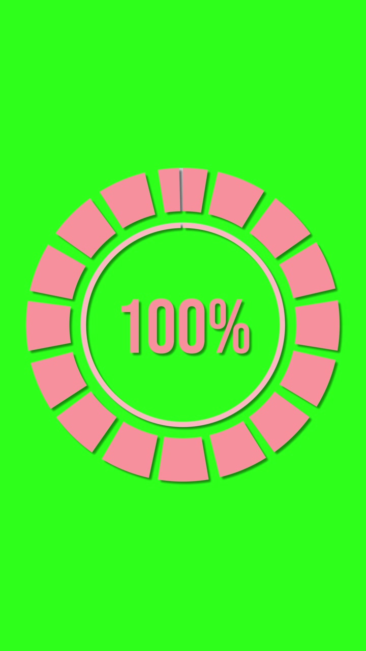 Animazione di una barra di progresso circolare con percentuali crescenti su uno sfondo verde vibrante, che transita fluidamente dal 16% al 100%.