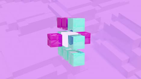 Rows-of-pink,-green-and-white-cubes-moving-over-pink-cubes-