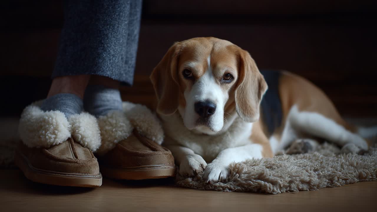 A Cozy Moment: A Beagle Relaxing Beside Comfortably Attired Feet, Highlighting the Peacefulness of a Relaxed Home Environment
