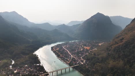 a panoramic view of nong khiaw, laos, with a winding river flanked by towering mountains, a bridge crossing the water, and a small village nestled in the valley under soft afternoon light
