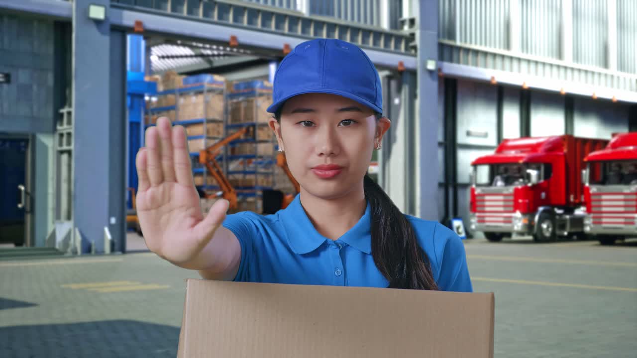 Close Up Of Asian Female Courier In Blue Uniform Making Stop Gesture And Shaking Her Head While Delivering A Carton, Outside Warehouse