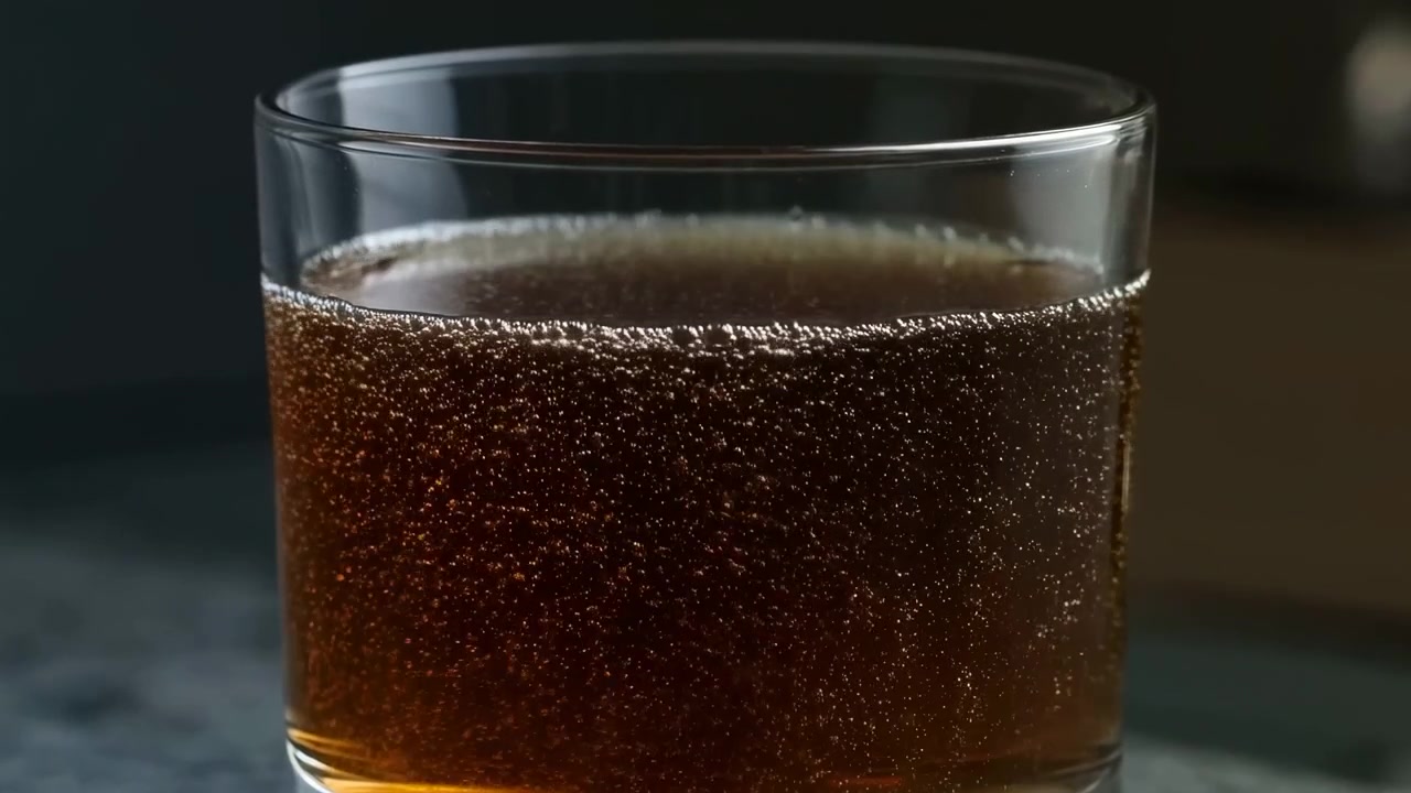 Vista ravvicinata dal basso di un bicchiere cilindrico trasparente quasi pieno di bevanda gassata marrone scuro, con effervescenza attiva, piccole bollicine che salgono attraverso il liquido, un anello di schiuma, riflessi luminosi e un'atmosfera suggestiva