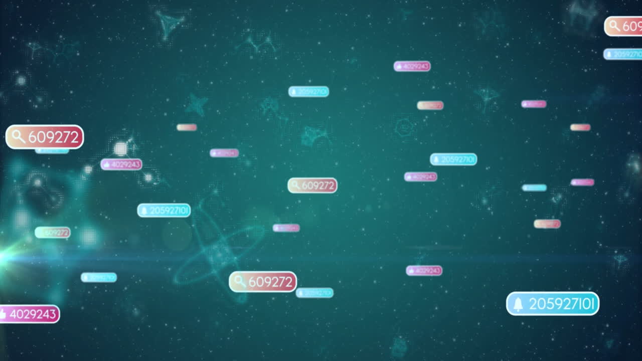 Animation of floating numerical data tags over cosmic background with stars