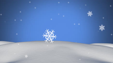 animación digital de copos de nieve que se mueven sobre el paisaje de nieve contra un fondo azul