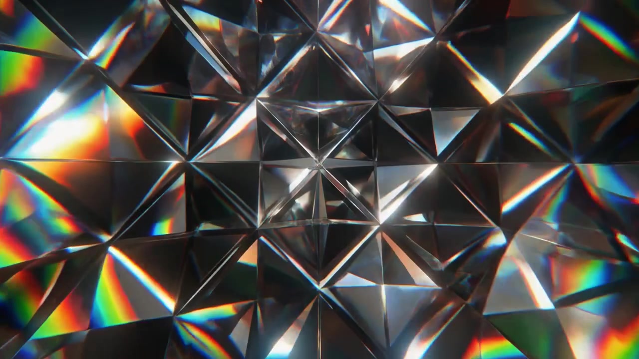 Sfondo astratto di prismi di cristallo geometrici rotanti con rifrazione della luce.