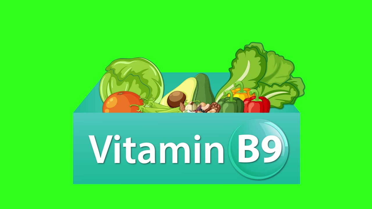 Animated box fills with vegetables, reveals Vitamin B9 label, bright green background, flat vector style