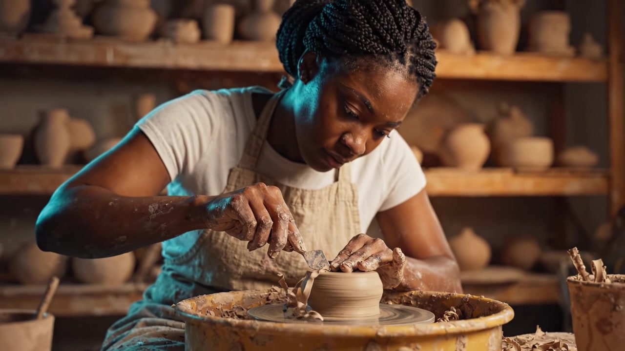 A Skilled Artisan Shaping Clay on a Pottery Wheel: Capturing the Creative Process of Pottery Making with Focus and Passion in Every Touch.