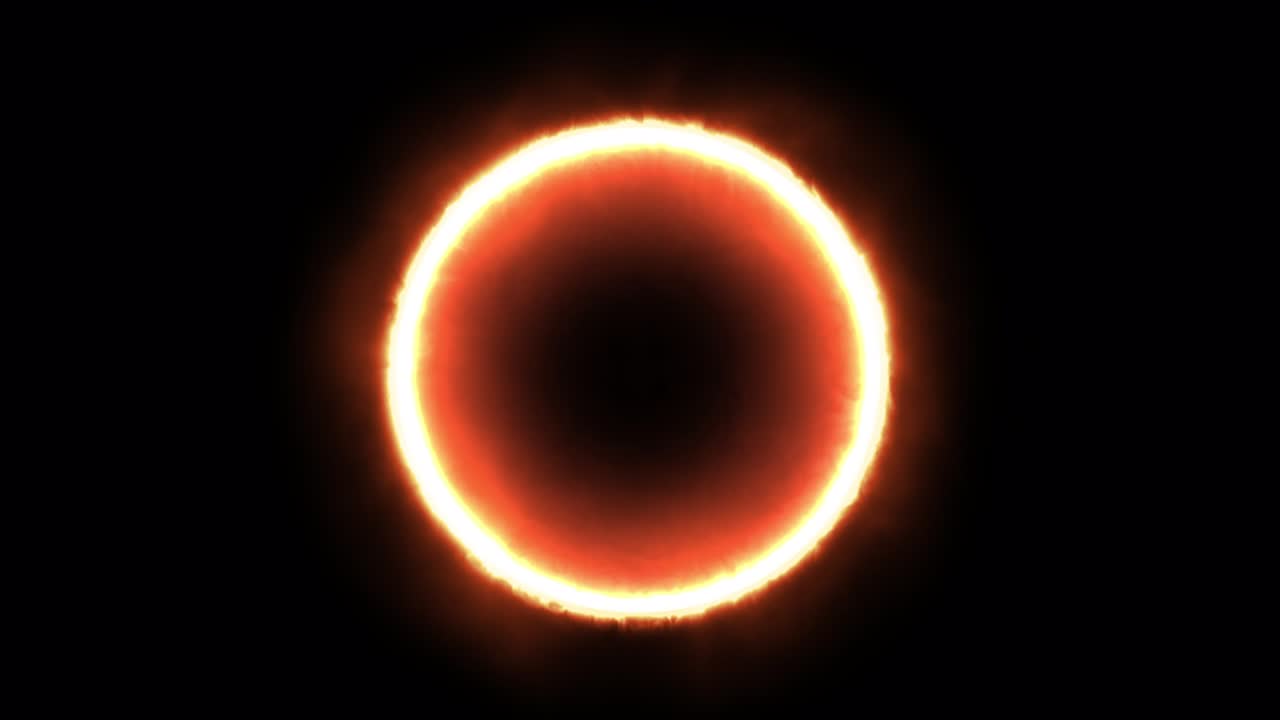 Abstract fast power red energy circle on black background. Fantasy fire portal door or futuristic teleport. 3d animation. Flowing shine flame hole. Round shape light element.