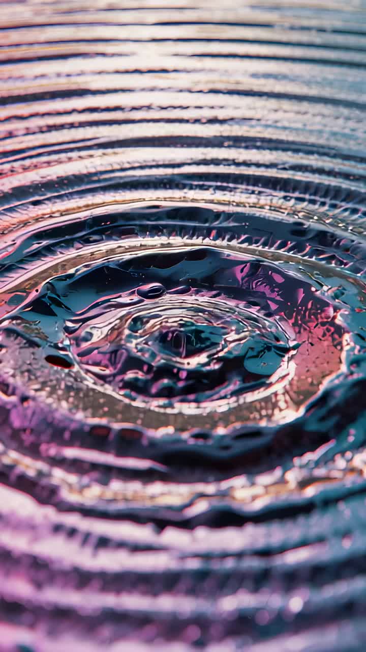 Vertical video: Droplet striking center on grooved liquid tray, forming cavity and fading rings