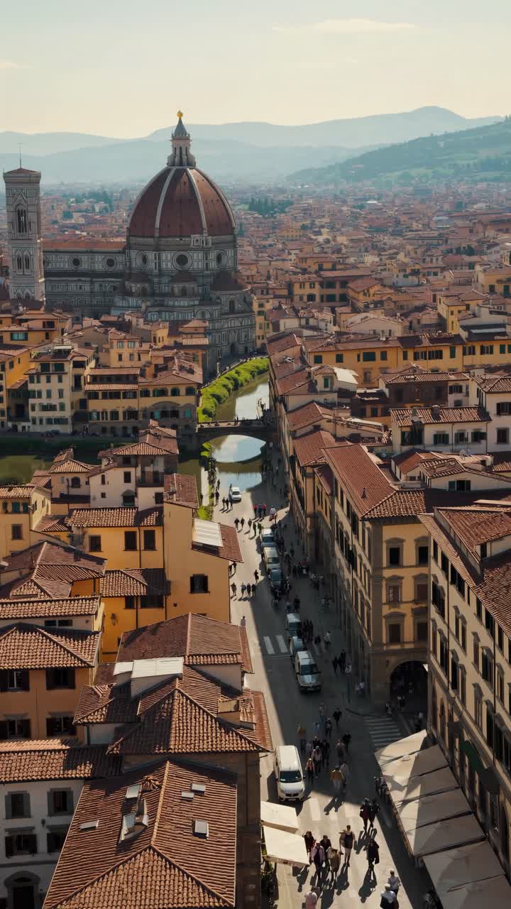 Aerial view video of Florence's historic architecture, showcasing the iconic dome and bustling