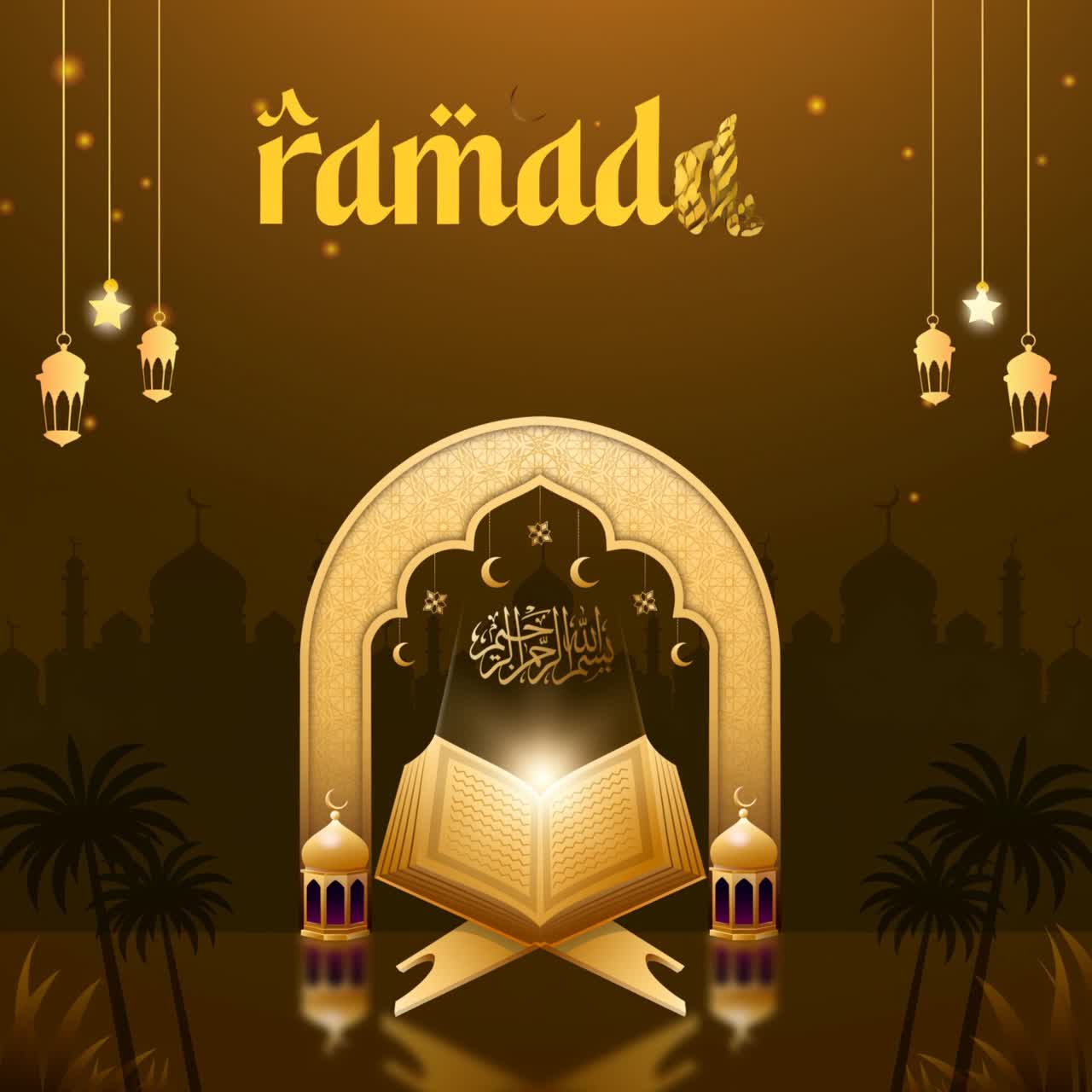 Animazione di auguri per Ramadan Mubarak con Corano aperto, sagoma di moschea, lanterne sospese e sfondo sfumato dorato.