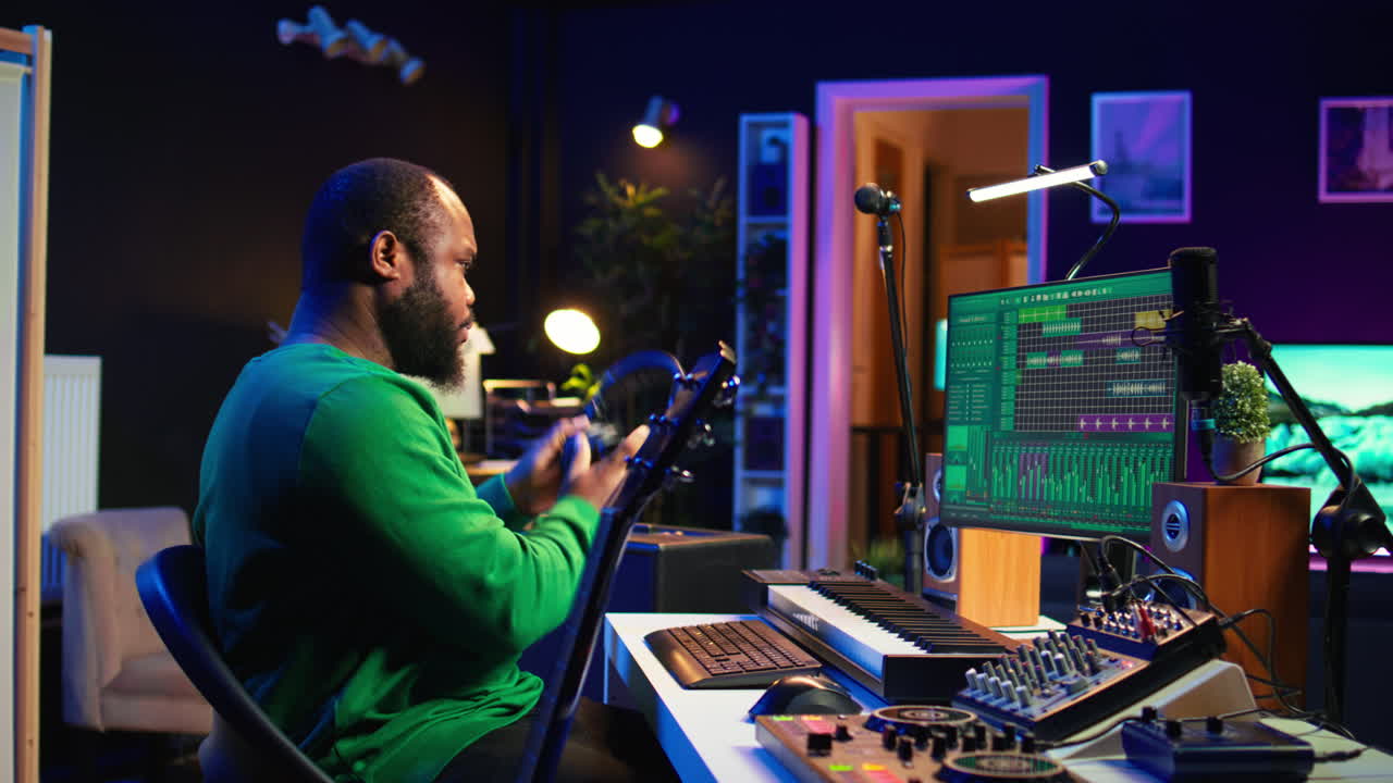 Producer creating a track by playing acoustic guitar in home studio