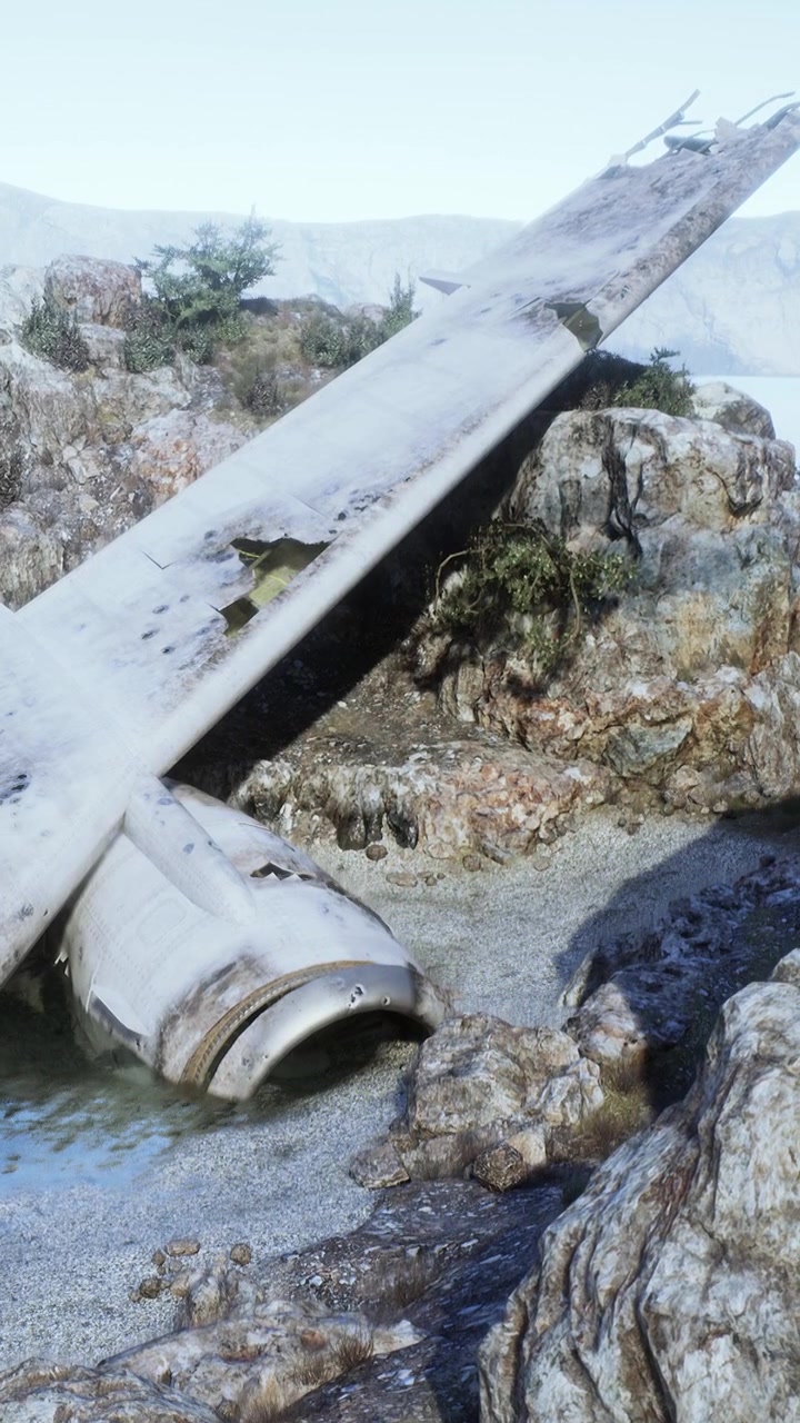 Un relitto di aereo giace su terreno roccioso vicino alla costa in pieno giorno.