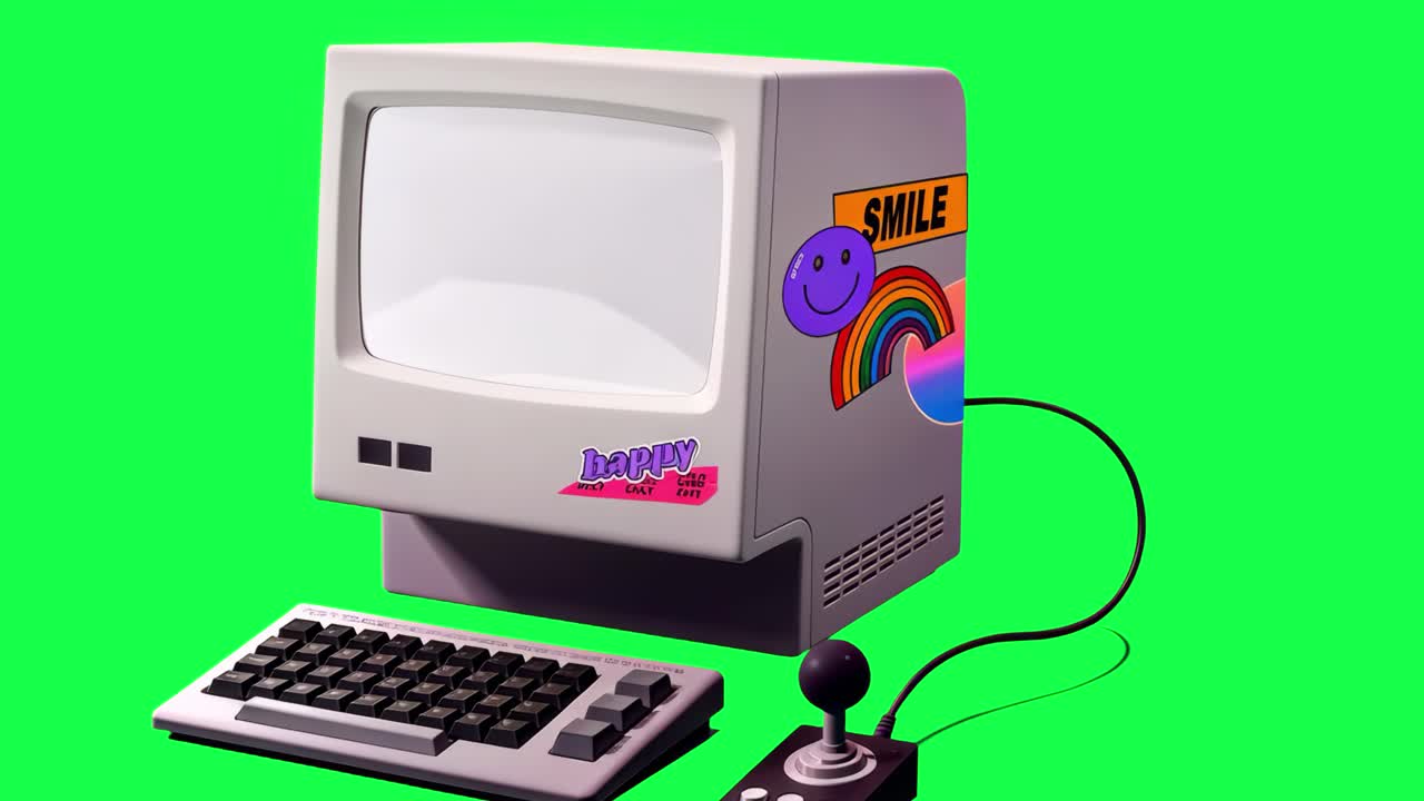 Retro computer, y2k animation, transparent 4K video, green screen