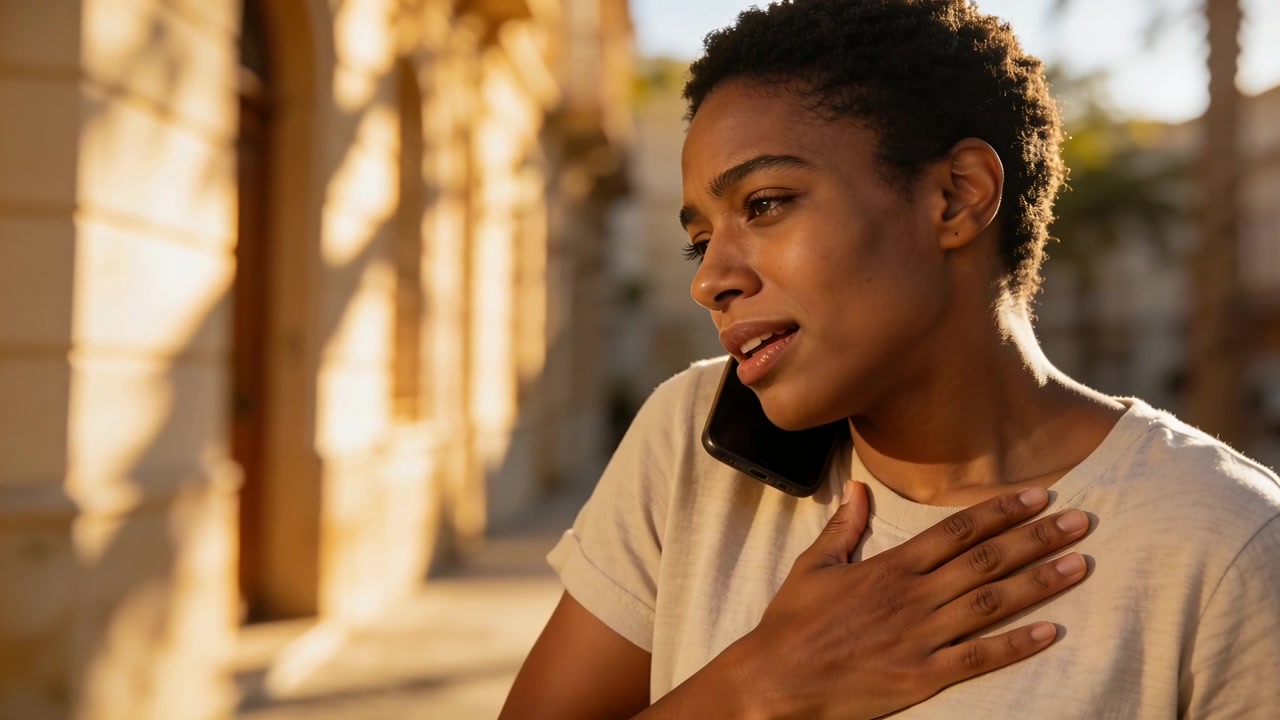 Answering call, woman holding phone at ear, clasping chest on sunlit street reacting to good news