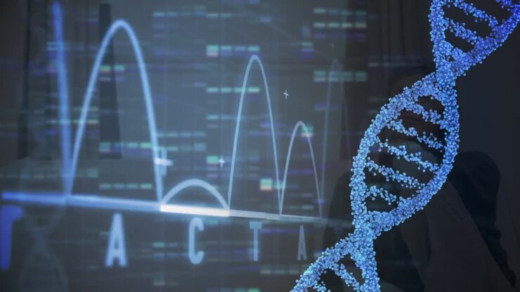 Animation of spinning dna structure and heart rate monitor against mosaic squares