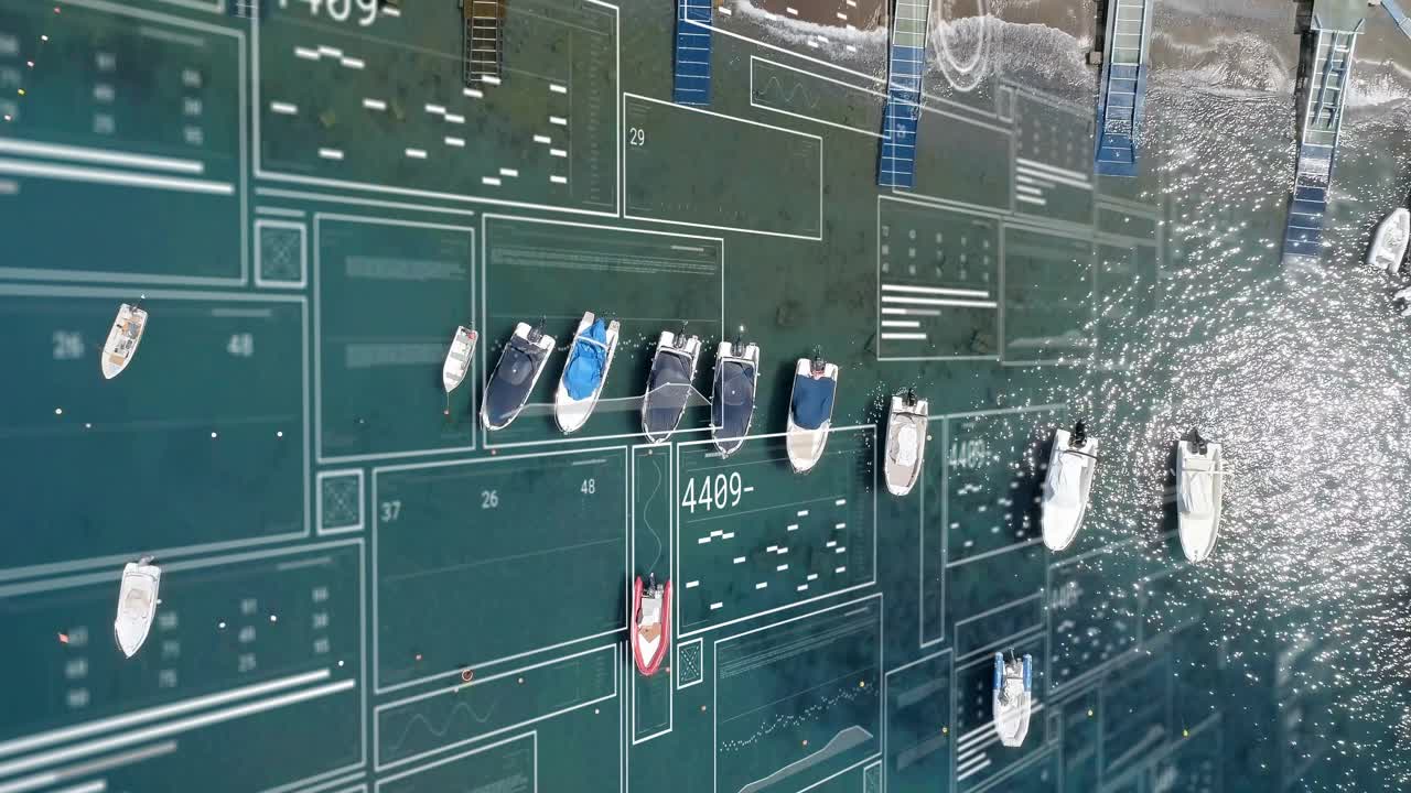 Drone starting seaward, revealing HUD overlay while boats launching and aligning, mapping moorings