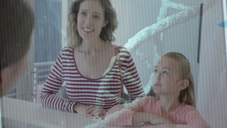 animation of dna strand and data processing over caucasian mother with girl patient