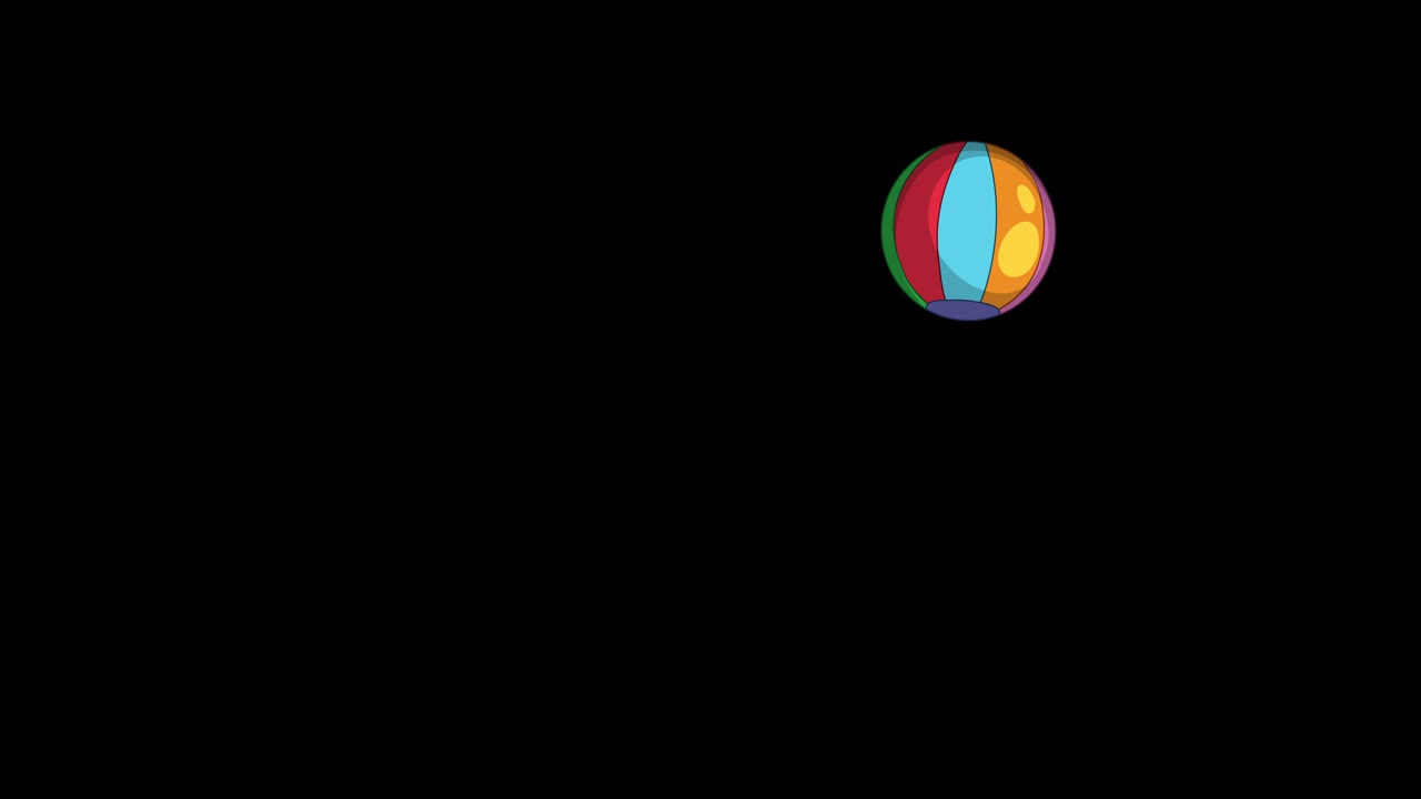 A single multicolored beach ball bounces smoothly across a solid black background, exhibiting elastic movement and dynamic squash-and-stretch animation effects