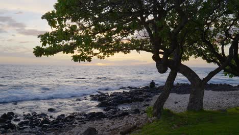 sitting alone on a rocky shore line watching the sunset in maui hawaii